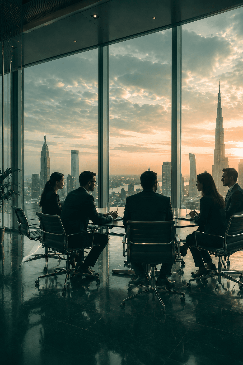 Advisers in discussion in a boardroom overlooking a city skyline