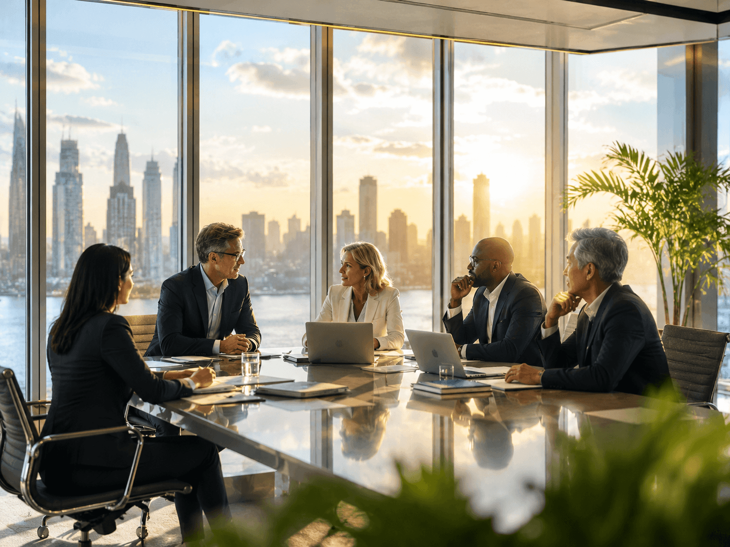 Advisers in a bright boardroom overlooking a city skyline
