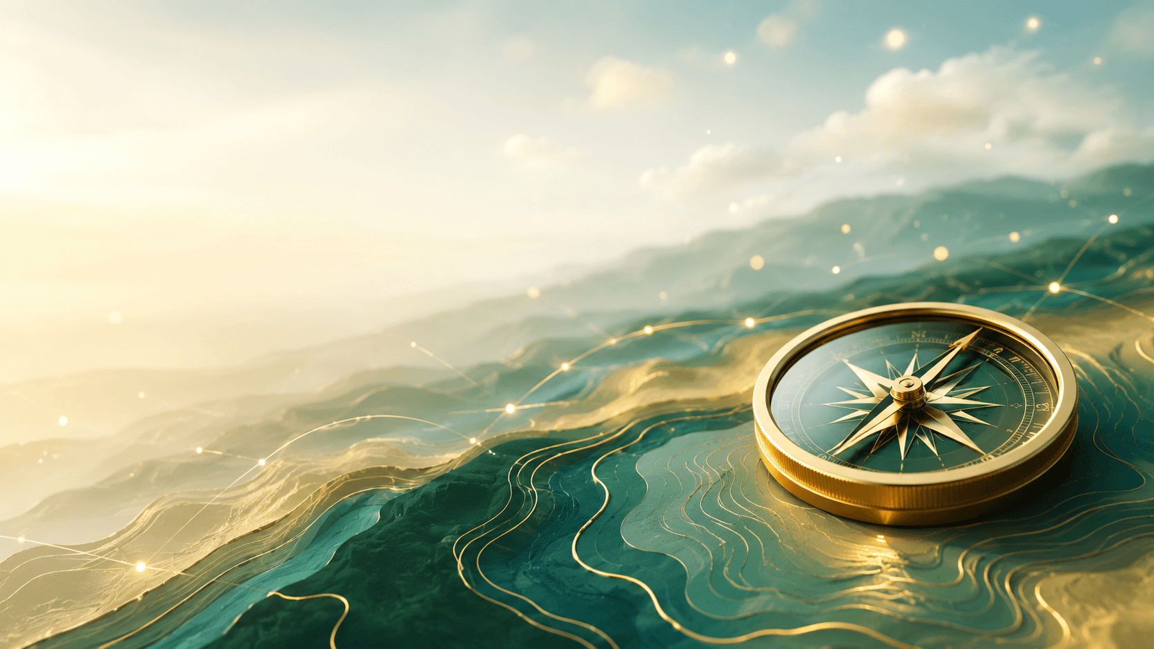A compass resting on a connected topographic landscape
