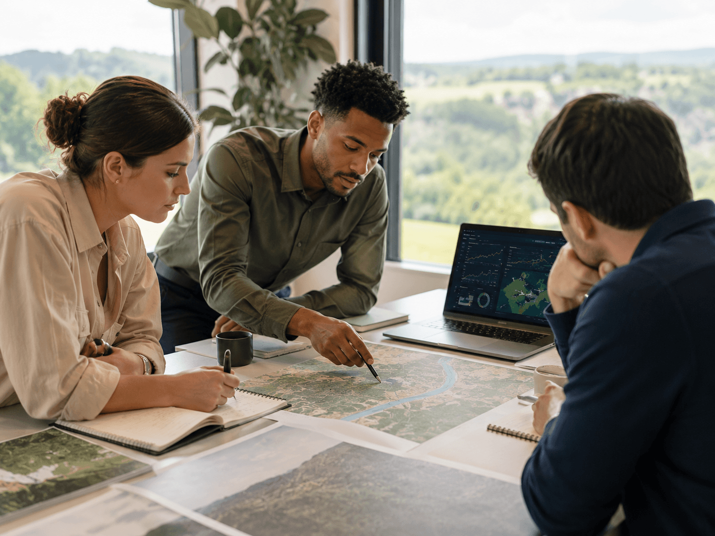 A team connecting map evidence and analytical data around a table