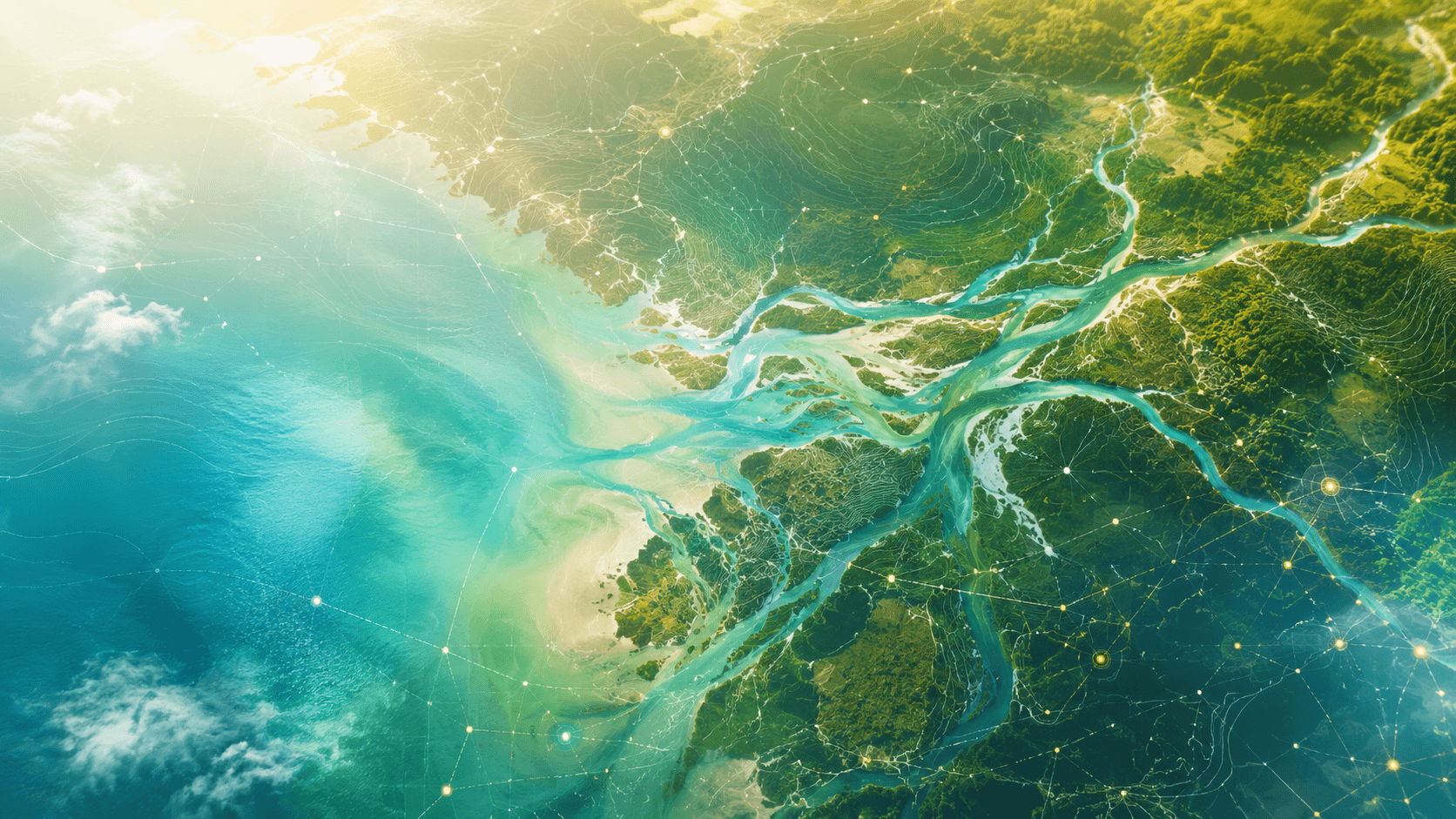 A bright satellite view of connected rivers, terrain, and ocean