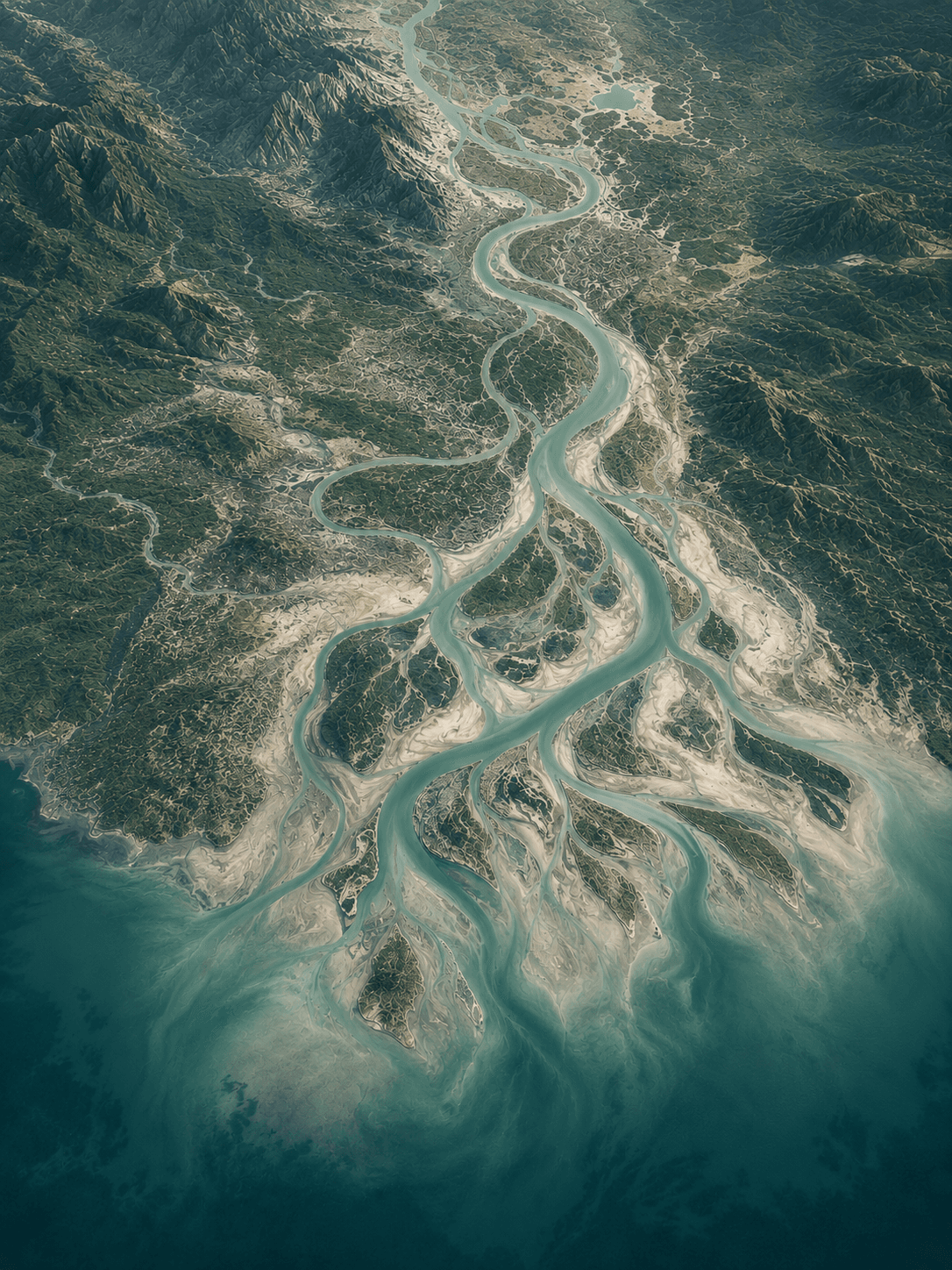 Satellite view of branching rivers and surrounding terrain