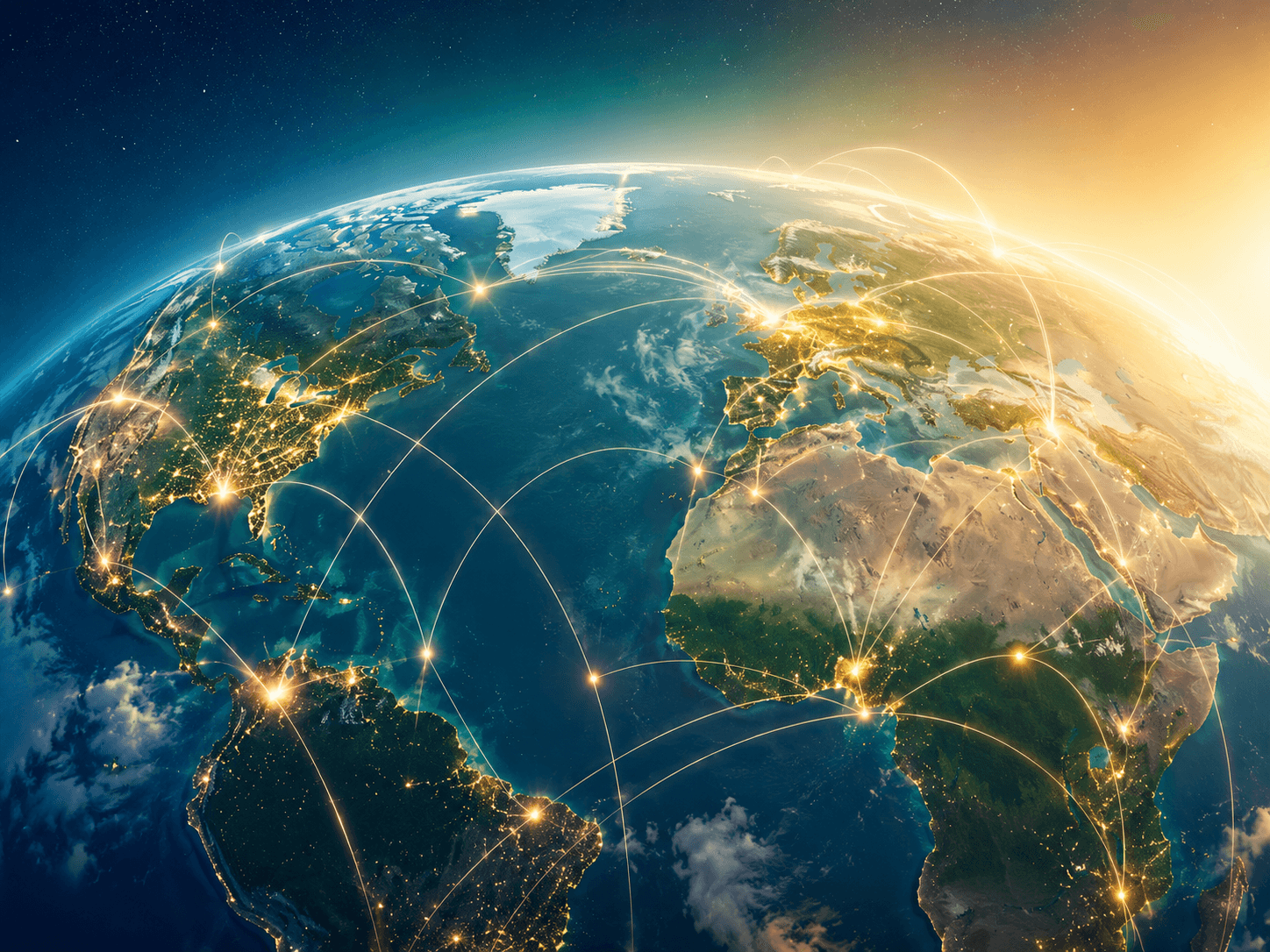 A globe connected by illuminated analytical pathways